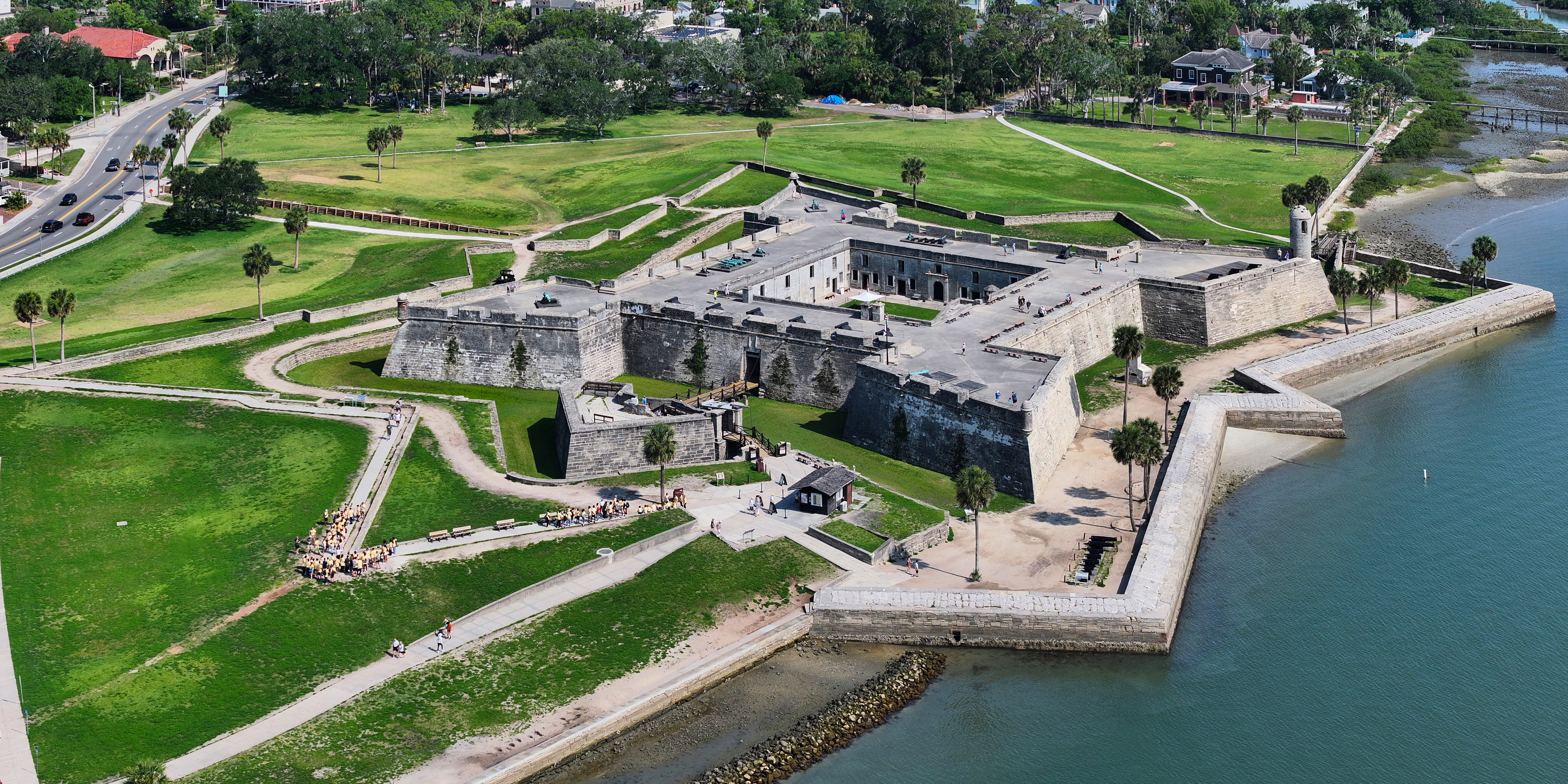 Aerial view of Castillo de San Marcos beside the bay